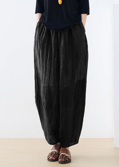 Black Pockets Linen Harem Pants Summer