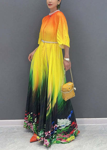 Summer Orange Yellow Color Blocked Long Pleated Dress