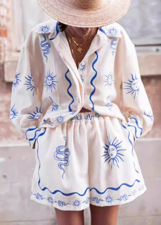 White Peter Pan Collar Print Elastic Waist Linen Two Pieces Set Spring