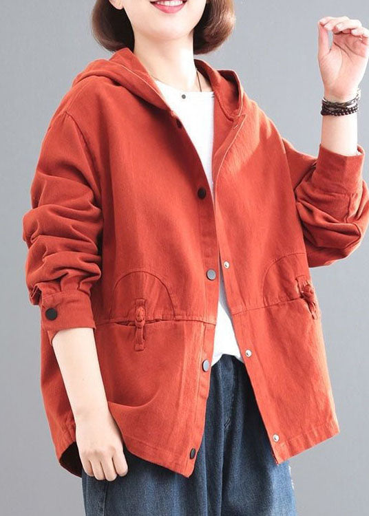 Orange Hooded Chinese Button Denim Coat Long Sleeve Spring