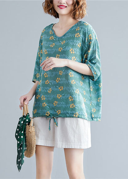 Green V Neck Print Cotton Tanks Short Sleeve