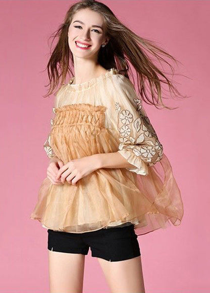 Yellow Embroidered Patchwork Tulle Shirt Top Spring