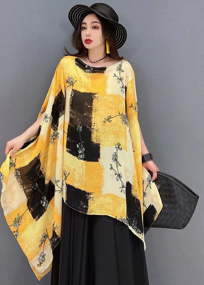 Yellow Asymmetrical Print Chiffon Tops and Skirts Two Piece Outfit Summer