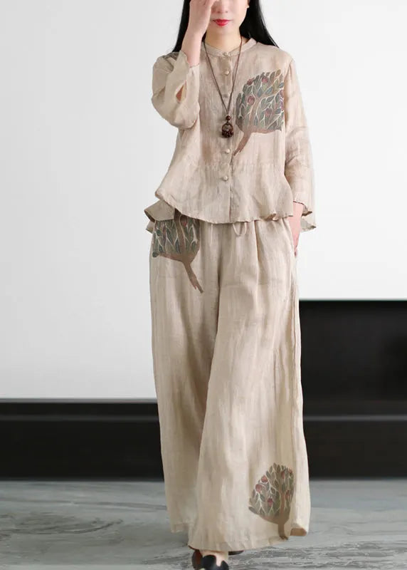 Apricot Pocket Linen Tops and Wide Leg Pants Two Piece Set Clothing Ruffles Flare Sleeve