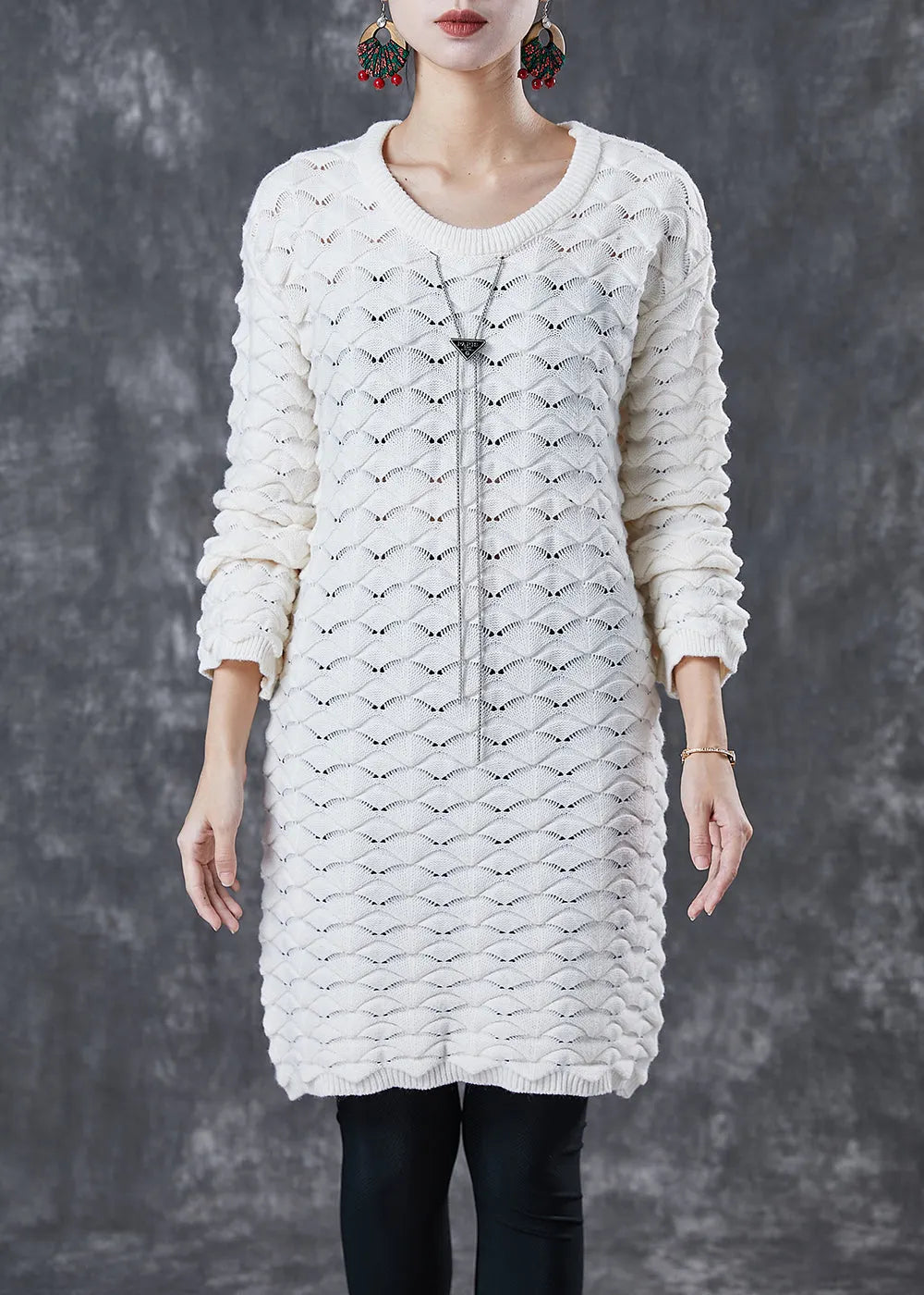 White O-neck Thick Knit Sweater Dress Winter