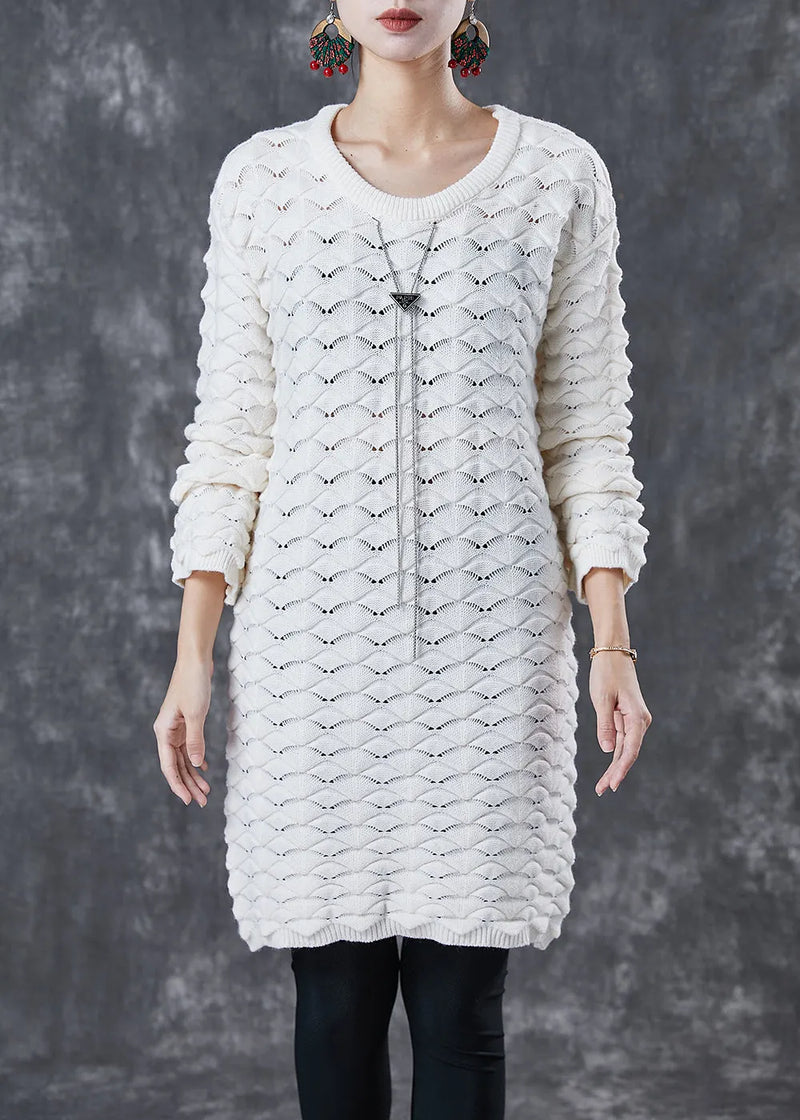 White O-neck Thick Knit Sweater Dress Winter