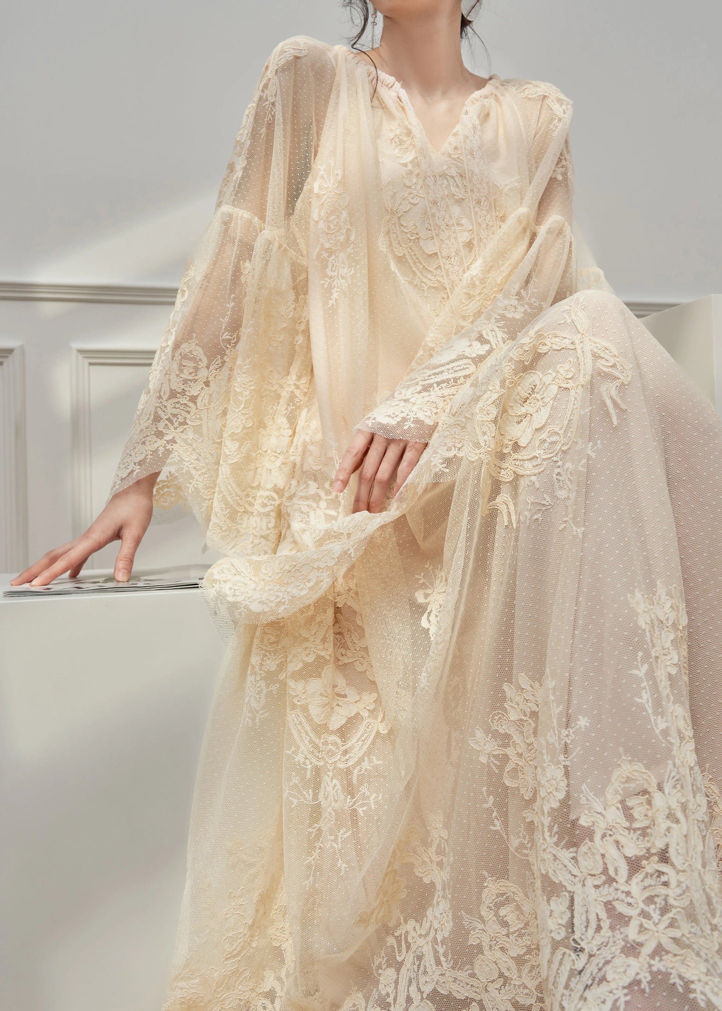Boutique Apricot V Neck Lace Top and Skirts Set Spring