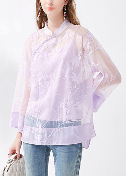 Chinese Style Purple Stand Collar Button Silk Two Pieces Set Long Sleeve