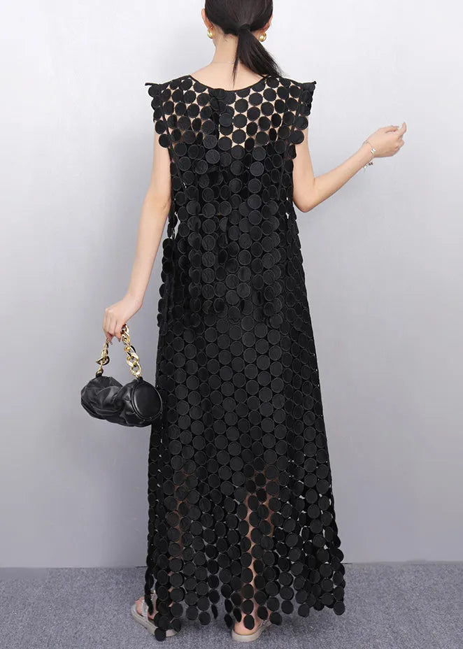 Black Dot Lace Top and Maxi Skirts Two Pieces Set Sleeveless