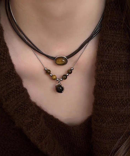 New Leather Patchwork Tiger's Eye Pendant Necklace Two-piece Set