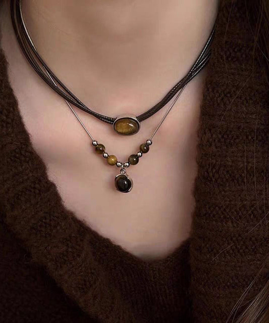 New Leather Patchwork Tiger's Eye Pendant Necklace Two-piece Set