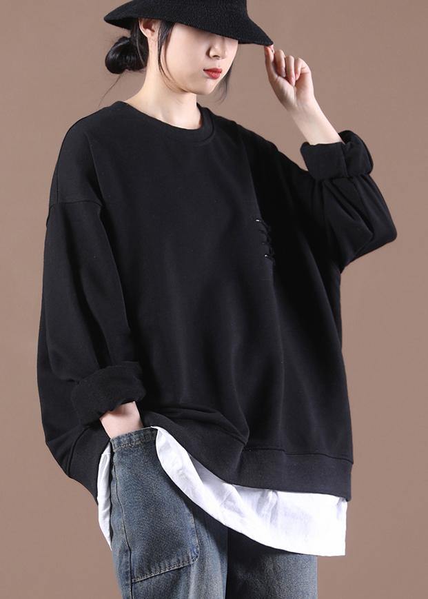 Black Patchwork Pullover Tops