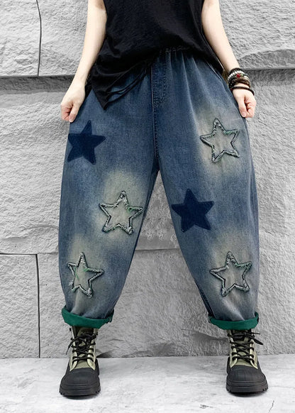 Blue Five Pointed Star Patch Elastic Waist Denim Harlan Pants Spring