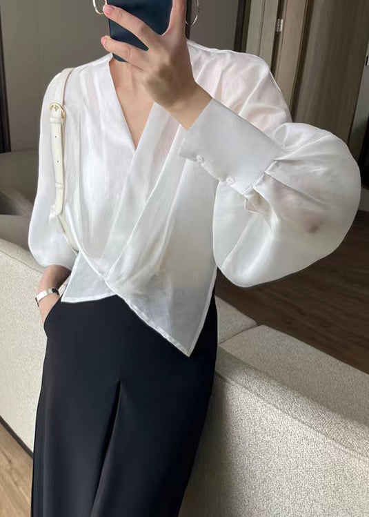 White V Neck Asymmetrical Silk Thin Shirts Spring
