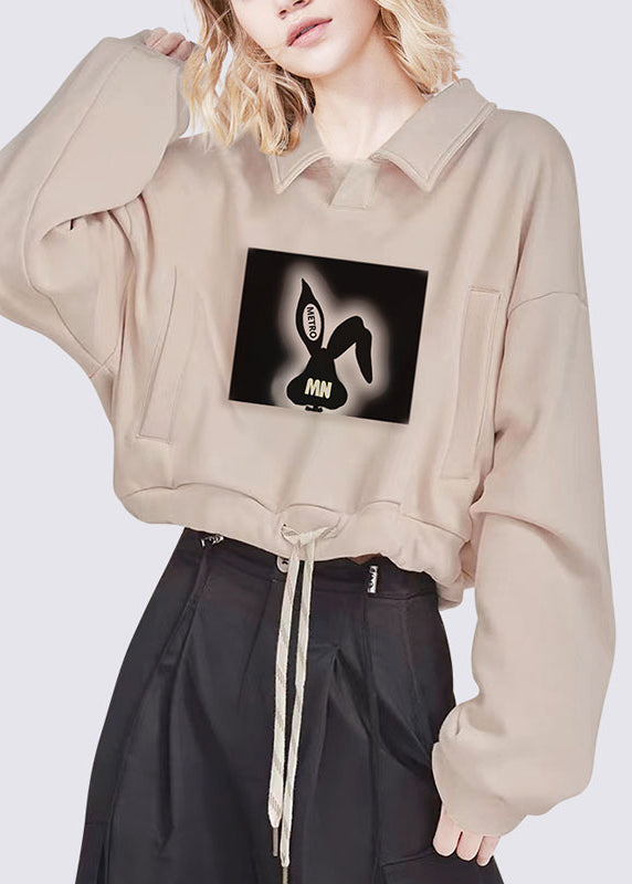 Khaki Peter Pan Collar Print Drawstring Sweatshirts Fall