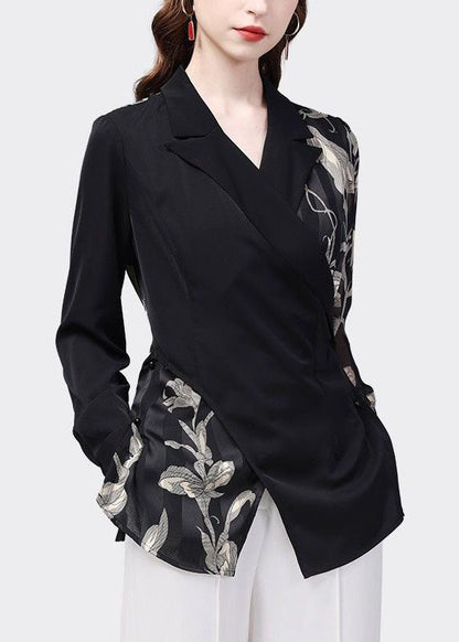 Black Peter Pan Collar Patchwork Print Chiffon Shirt Top Spring