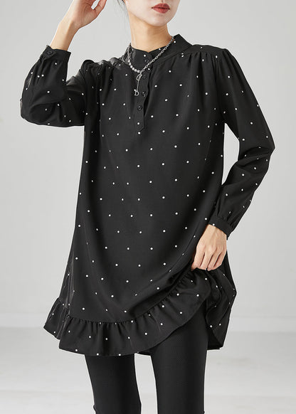 Black Dot Print Ruffles Cotton Mini Dresses Fall