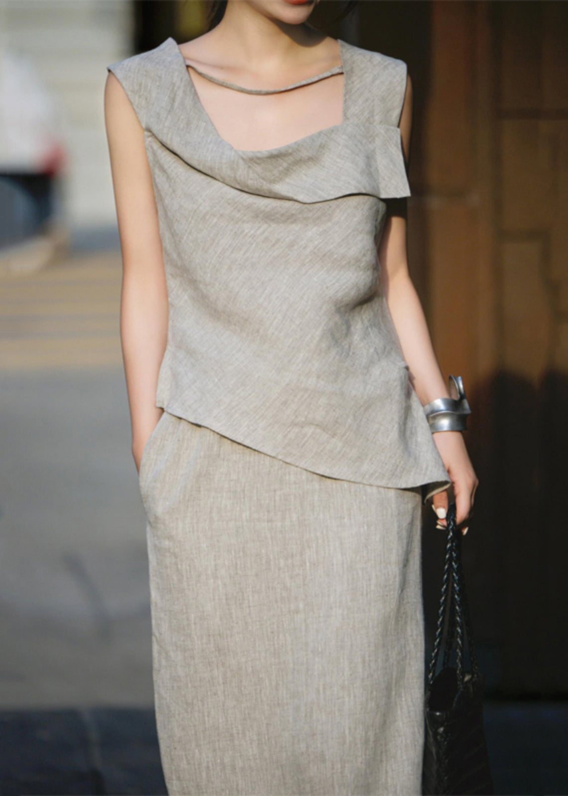 French Grey Tops and Skirts Linen Two Pieces Set Summer