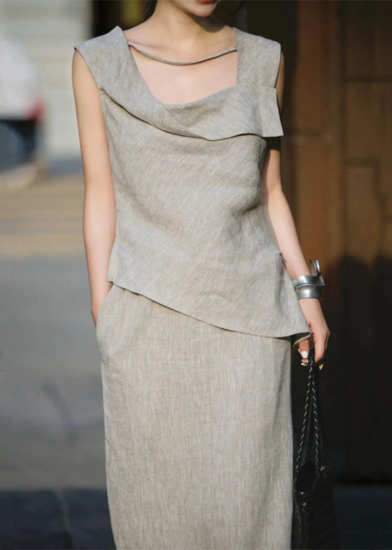 French Grey Tops and Skirts Linen Two Pieces Set Summer