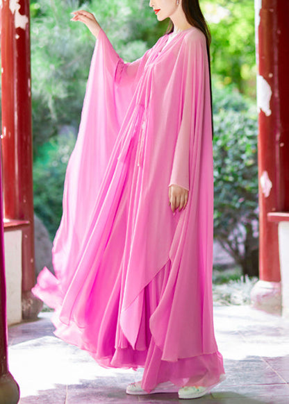 Pink V Neck Tasseled Chiffon Two-piece Set Spring