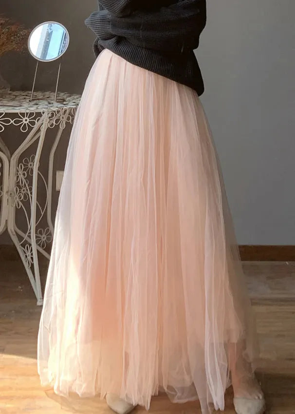 Loose Pink Elastic Waist Tulle Maxi Skirts