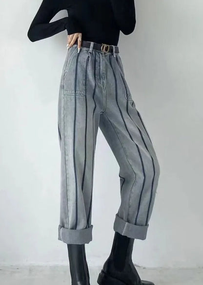 Blue High Waist Striped Patchwork Jeans Spring