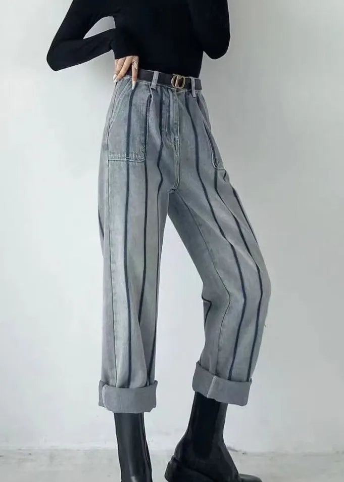Blue High Waist Striped Patchwork Jeans Spring