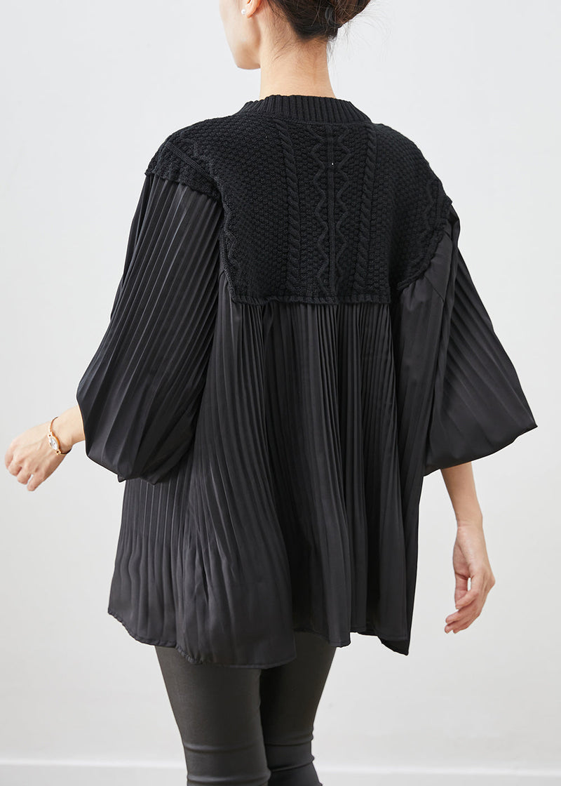 Black Oversized Patchwork Wrinkled Tops Lantern Sleeve