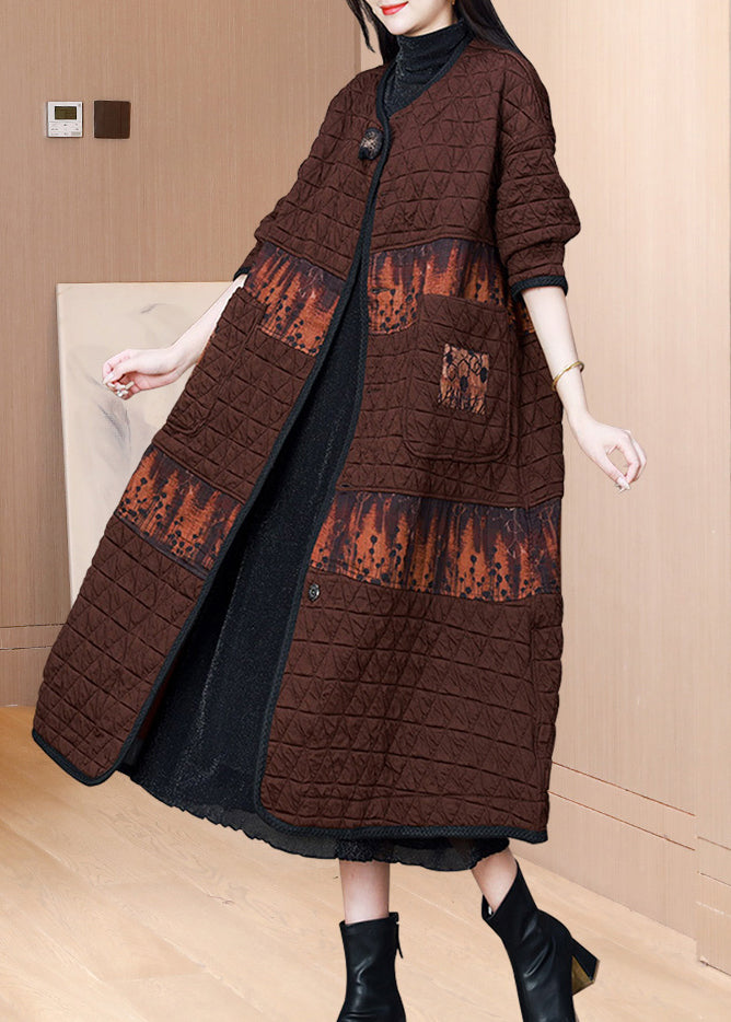 Coffee O Neck Pockets Patchwork Fine Cotton Filled Coat Fall