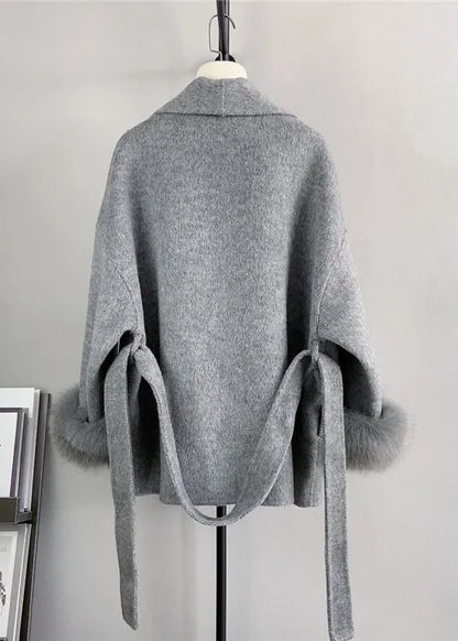Beige Tie Waist Fox Patchwork Woolen Coats Winter