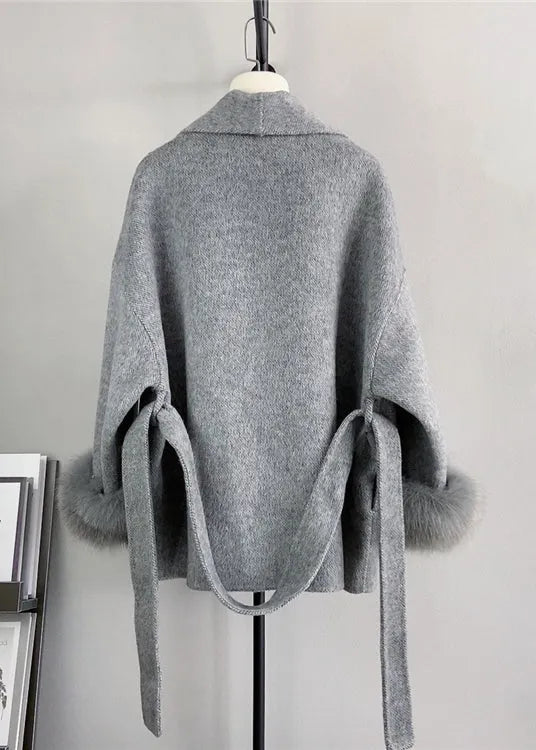 Beige Tie Waist Fox Patchwork Woolen Coats Winter