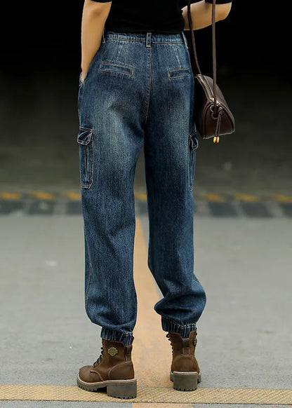 Blue Patchwork Pockets High Waist Cotton Beam Denim Pants Fall