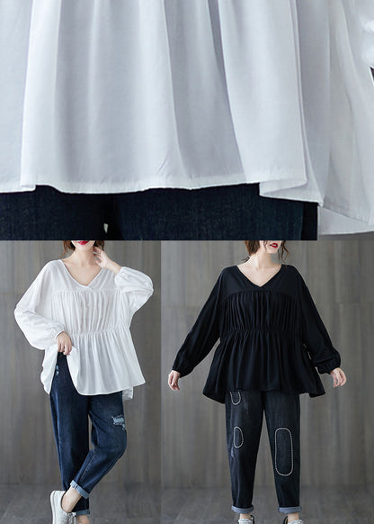 White Loose V Neck Wrinkled Fall Long Sleeve Shirt Top