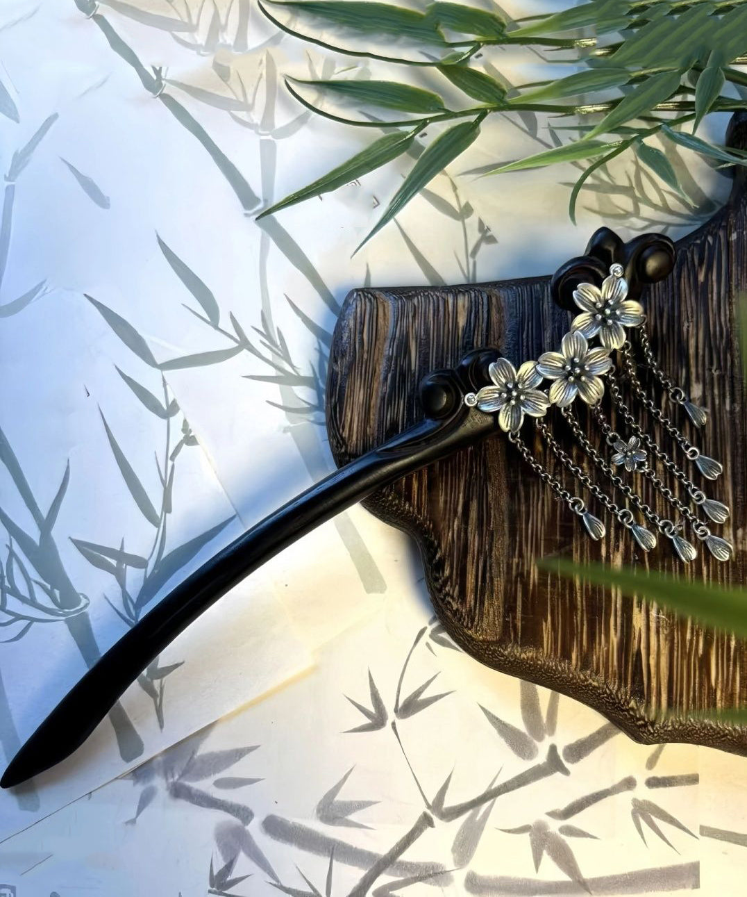 Handmade Black Wooden Three Plum Blossoms Tassel Hairpin