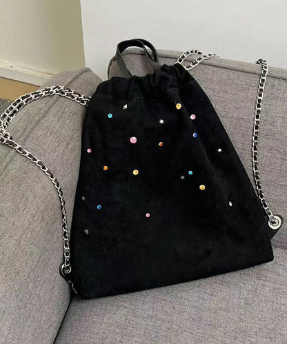 Black Velour Gem Stone Patchwork Faux Leather Backpack Bag