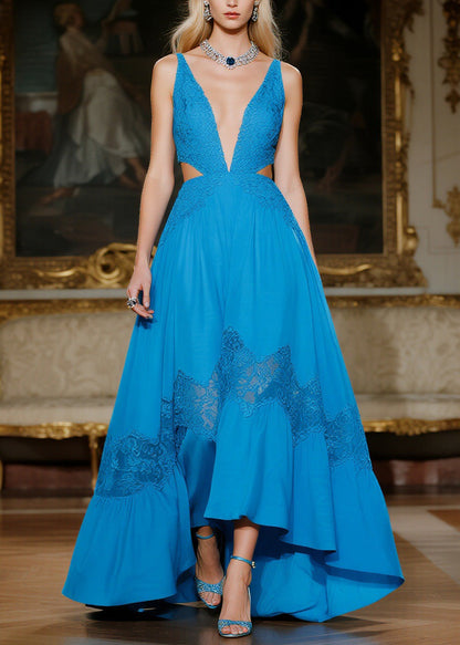 Blue Hollow Out Lace Patchwork Spaghetti Strap Dresses Summer