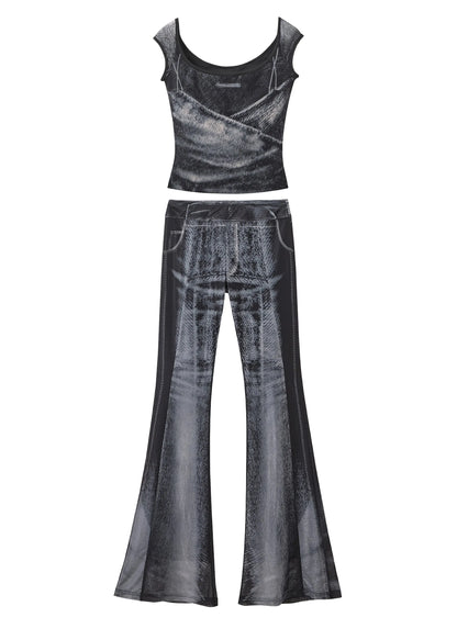 Stylish Black Ice Silk Vest and Flare Jeans Two Pieces Set Sleeveless