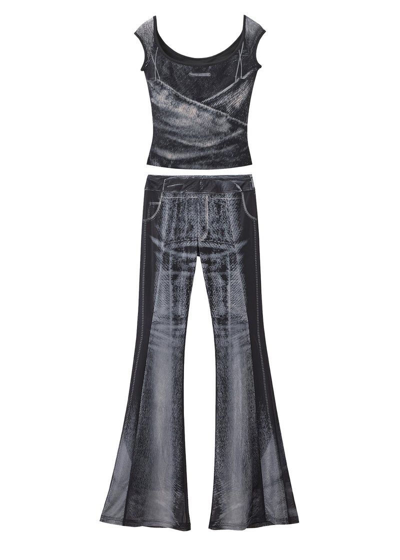 Stylish Black Ice Silk Vest and Flare Jeans Two Pieces Set Sleeveless