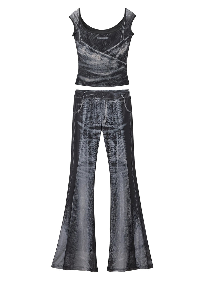 Stylish Black Ice Silk Vest and Flare Jeans Two Pieces Set Sleeveless