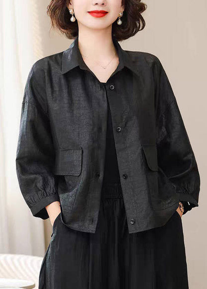 Black Button Soild Silk Coat Spring