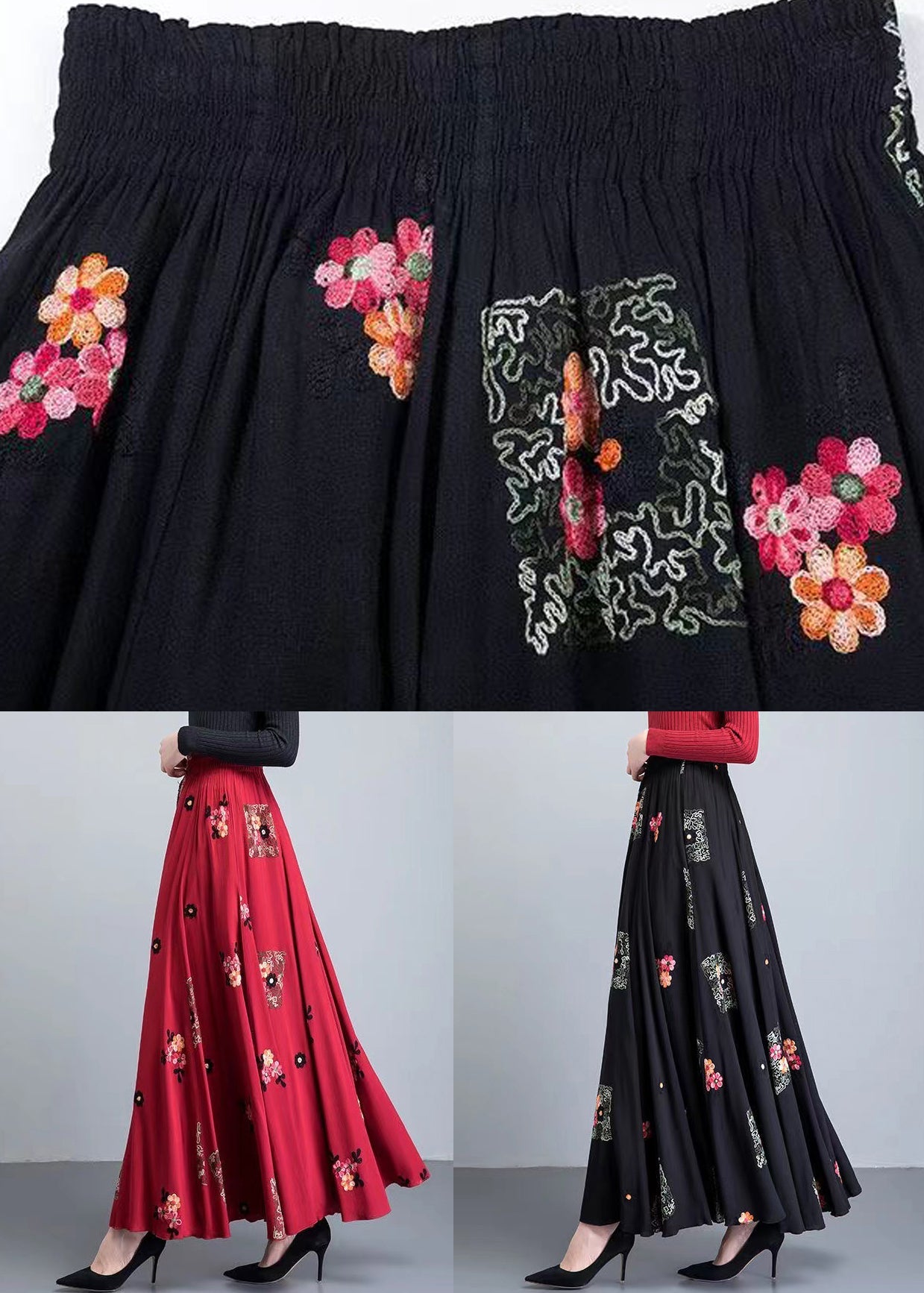 Loose Red Embroideried High Waist Patchwork Cotton Skirt Fall