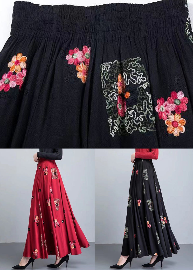 Loose Red Embroideried High Waist Patchwork Cotton Skirt Fall