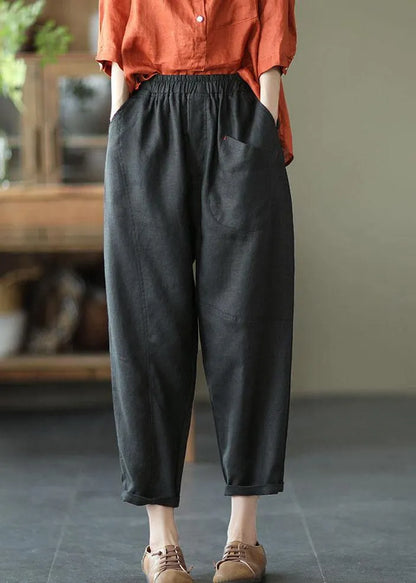 French Beige Elastic Waist Harem Summer Pants Linen