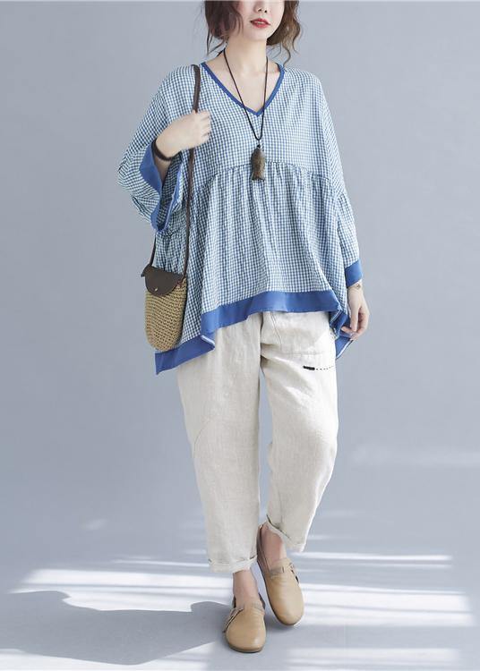 Fine Blue Plaid Patchwork Flare Sleeve Top Spring Summer