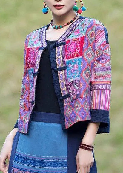 Handmade Purple Embroidered Chinese Button Cotton Coat Spring