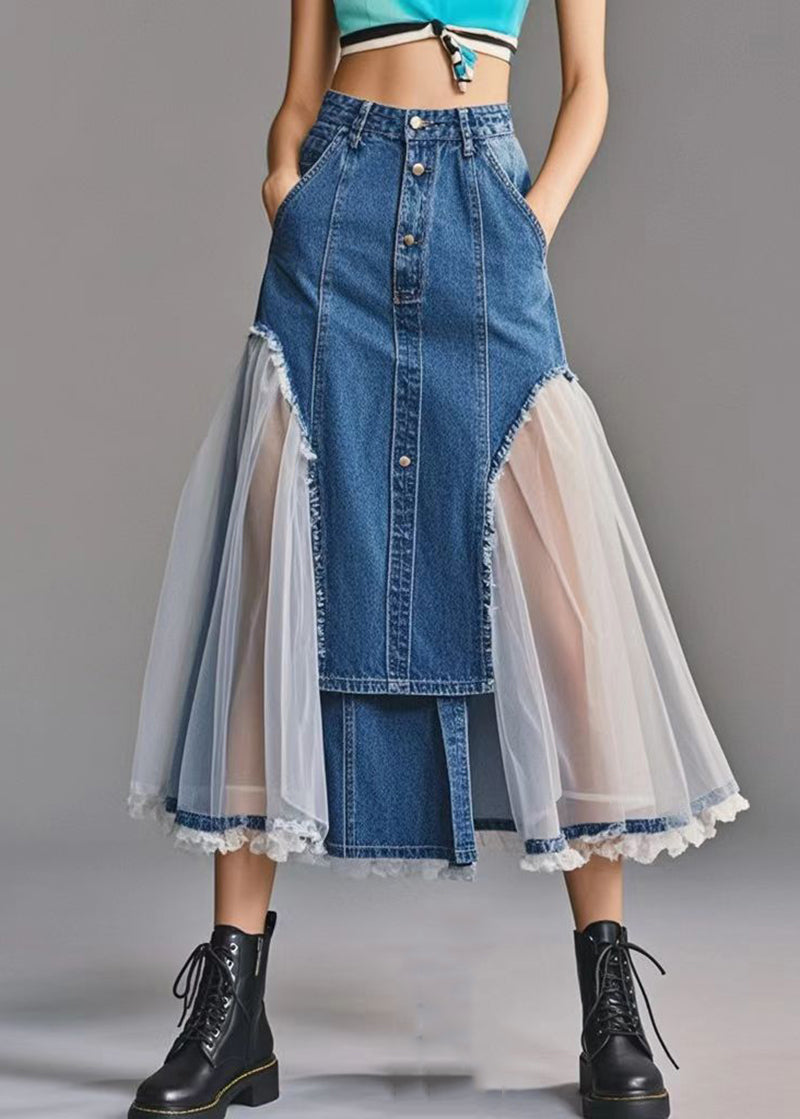 Art Blue Silm Fit Patchwork Tulle Denim a Line Skirt Spring