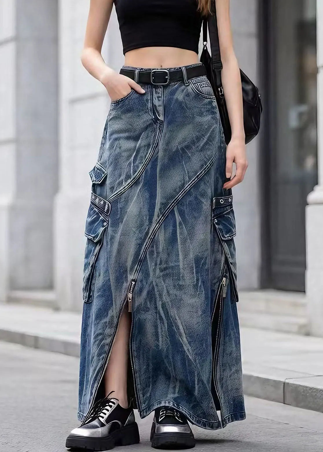 Blue Zip Up Pockets Tie Dye Denim Skirts Spring