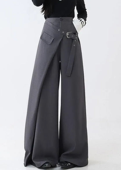 Grey False Two Pieces Spandex Fall Wide Leg Pants Pockets