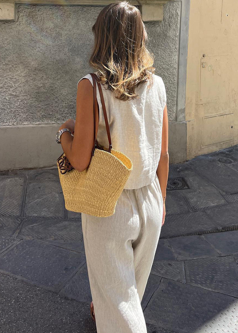 Beige Linen Vests and Wide Leg Pants Two-piece Set Sleeveless