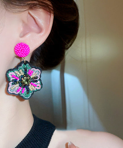 Rose Hand Woven Alloy Beads Embroidery Drop Earrings